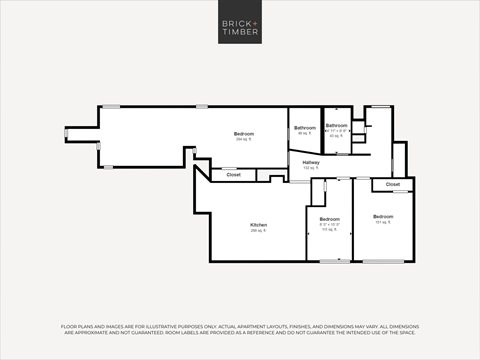 Floor plan for 3 beds, 2 baths, 1074 sqft